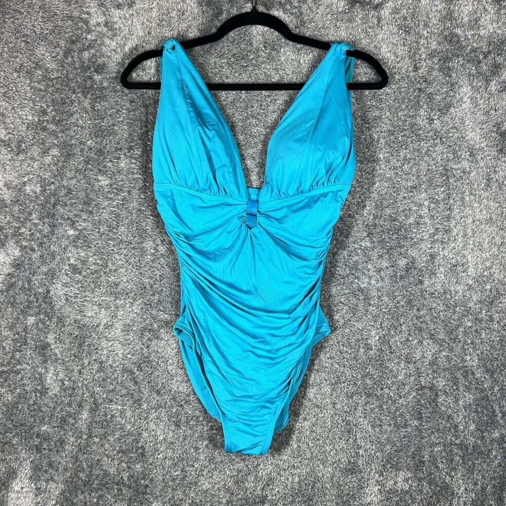 Carmen Marc Valvo Swimsuit Womens 14 Blue One Piece Ruched Plunge Wide Strap